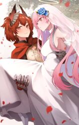 Rule 34 | 2girls, absurdres, animal ears, arknights, armor, blush, breasts, bridal veil, capelet, carrying, cleavage, cleavage cutout, closed mouth, clothing cutout, commission, dress, dutch angle, female focus, fiammetta (arknights), floating hair, flower, hair flower, hair ornament, halo, hanahashi bagara, highres, lemuen (arknights), long hair, looking at viewer, medium breasts, multiple girls, petals, pink hair, pixiv commission, princess carry, red capelet, red eyes, red hair, short hair, sleeveless, sleeveless dress, textless version, veil, wedding dress, white dress, yuri