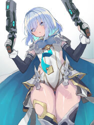 1girl armor blue_cape blue_eyes blue_hair bodysuit boots breasts cape commentary_request detached_sleeves dreizehn_(shadowverse) dual_wielding from_below gloves gluteal_fold gun highres holding holding_gun holding_weapon isei_sei looking_at_viewer looking_down medium_breasts parted_lips partially_fingerless_gloves shadowverse shadowverse:_worlds_beyond short_hair shoulder_armor sketch solo thick_thighs thigh_boots thigh_gap thighs underboob weapon white_gloves