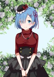 Rule 34 | 10s, 1girl, black hat, black theme, blue eyes, blue hair, blurry, blurry background, blush, bracelet, breasts, buttons, closed mouth, dress, eyes visible through hair, frilled hat, frills, hair ornament, hair over one eye, hat, highres, jewelry, looking at viewer, medium breasts, necklace, own hands together, pink ribbon, re:zero kara hajimeru isekai seikatsu, red sweater, rem (re:zero), revision, ribbon, short hair, smile, solo, sweater, turtleneck, underbust, x hair ornament, yoshida iyo