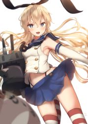 Rule 34 | 1girl, :3, absurdres, alternate eye color, anchor, anchor hair ornament, black hairband, black panties, blonde hair, breasts, cannon, crop top, elbow gloves, gloves, grey eyes, hair ornament, hairband, highleg, highleg panties, highres, innertube, kantai collection, lifebuoy, long hair, machinery, microskirt, miniskirt, open mouth, panties, rensouhou-chan, rigging, sailor collar, school uniform, serafuku, shanghmely, shimakaze (kancolle), skirt, small breasts, smile, striped clothes, striped thighhighs, swim ring, thighhighs, thong, turret, underwear, white gloves