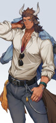 Rule 34 | 1boy, absurdres, alternate costume, animal ears, arknights, bara, belt, black belt, blue eyes, blue jacket, body hair, bracelet, brown hair, bulge, chest hair, covered erect nipples, cow boy, cow ears, cow horns, cow tail, cowboy shot, denim, unworn eyewear, facial hair, highres, horns, jacket, jacket on shoulders, jeans, jewelry, large pectorals, likaou, looking at viewer, male focus, matterhorn (arknights), medium hair, muscular, muscular male, pants, partially unbuttoned, pectoral cleavage, pectorals, shirt, sleeves rolled up, solo, stubble, tail, white shirt