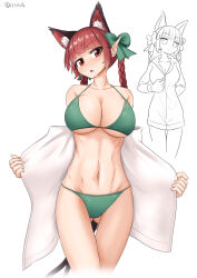 Rule 34 | 1girl, :o, animal ears, bikini, blush, bow, braid, breasts, cat ears, cat tail, cleavage, commentary request, cowboy shot, extra ears, gluteal fold, green bikini, green bow, hair bow, highres, igu (103milk), jacket, kaenbyou rin, large breasts, long hair, looking at viewer, multiple tails, navel, nekomata, open clothes, open jacket, pointy ears, red eyes, red hair, simple background, solo, standing, stomach, swimsuit, tail, touhou, twin braids, twitter username, undressing, unzipping, white background, white jacket