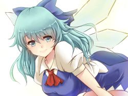 Rule 34 | 1girl, aged up, alternate hair length, alternate hairstyle, bad id, bad pixiv id, blue eyes, blue hair, bow, cirno, dress, female focus, hair bow, ice, ice wings, long hair, looking at viewer, matching hair/eyes, simple background, smile, solo, touhou, white background, wings, x&amp;x&amp;x