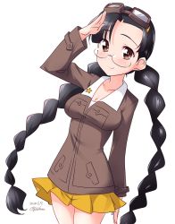 Rule 34 | 1girl, aged up, artist name, black hair, blush, braid, breasts, brown eyes, chi-hatan military uniform, cleavage, closed mouth, collarbone, dated, fukuda haru, girls und panzer, glasses, goggles, goggles on head, highres, kuzuryuu kennosuke, long hair, looking at viewer, medium breasts, military, military uniform, miniskirt, one-hour drawing challenge, shiny skin, simple background, skirt, smile, solo, standing, twin braids, twintails, uniform, white background, yellow skirt
