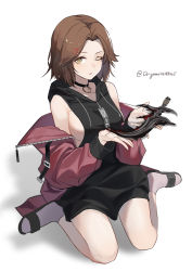 Rule 34 | 1girl, absurdres, alternate costume, bare shoulders, black dress, black knife (elden ring), breasts, brown hair, collarbone, commentary request, contemporary, dagger, dress, elden ring, facial tattoo, forehead, green eyes, hair ornament, hairclip, highres, holding, holding knife, holding weapon, hood, hood down, hooded dress, jacket, knife, long sleeves, looking at viewer, medium breasts, melina (elden ring), mole, mole on breast, off shoulder, one eye closed, open clothes, open jacket, origami42169025, pink jacket, short hair, sideboob, simple background, sitting, sleeveless, sleeveless dress, solo, tattoo, twitter username, wariza, weapon, white background