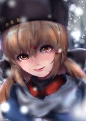 Rule 34 | 1girl, brown hair, closed mouth, fur hat, hair between eyes, hair ornament, hairclip, hat, kantai collection, long hair, papakha, red eyes, schleezed, shirt, smile, snow, snowing, solo, star (symbol), tashkent (kancolle), twintails