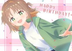Rule 34 | + +, 1girl, :d, absurdres, brown hair, colored inner hair, commentary, confetti, english text, fang, green eyes, green jacket, hair intakes, happy birthday, highres, hood, hooded jacket, jacket, long sleeves, looking at viewer, medium hair, multicolored hair, oka asahi, onii-chan wa oshimai!, open clothes, open jacket, open mouth, orange hair, outline, plaid, plaid background, shirt, shizukuma, simple background, skin fang, smile, solo, two-tone hair, two side up, upper body, white outline, white shirt