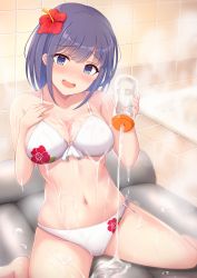 Rule 34 | 1girl, absurdres, bathroom, bathtub, bikini, blue eyes, blush, breasts, cleavage, collarbone, floral print, flower, hair flower, hair ornament, hibiscus, highres, large breasts, looking at viewer, lotion, lotion bottle, lotion play, medium breasts, misora (princess connect!), misora (summer) (princess connect!), myuu (arisumeria), navel, nuru massage, open mouth, princess connect!, print bikini, purple hair, red flower, short hair, sitting, smile, soapland, solo, stomach, swimsuit, tile wall, tiles, wariza, white bikini
