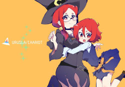 Rule 34 | 2girls, age difference, breasts, character name, chariot du nord, dress, glasses, hair between eyes, hat, hug, hys-d, little witch academia, long hair, long sleeves, looking at viewer, multiple girls, open mouth, orange background, red eyes, red hair, short hair, smile, spoilers, ursula callistis, witch, witch hat, aged down