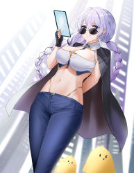 Rule 34 | 1girl, absurdres, arm behind back, avrora (azur lane), avrora (not cut out for this?) (azur lane), azur lane, between breasts, bird, black gloves, black jacket, blue eyes, blue necktie, blue pants, braid, breasts, chick, chinese commentary, cleavage, commentary request, cowboy shot, crop top, detached collar, earrings, fingerless gloves, floating hair, gloves, groin, hair between eyes, hand up, highleg, highleg panties, highres, holding, holding tablet pc, jacket, jacket on shoulders, jewelry, large breasts, long hair, looking at viewer, manjuu (azur lane), midriff, navel, necktie, necktie between breasts, official alternate costume, panties, pants, parted lips, qing wu, shirt, sidelocks, silver hair, skindentation, smile, solo focus, standing, sunglasses, tablet pc, twin braids, underwear, white shirt