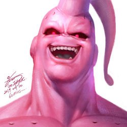 Rule 34 | 1boy, antennae, artist name, black sclera, colored sclera, colored skin, dated, dragon ball, dragonball z, in-hyuk lee, majin buu, male focus, one-hour drawing challenge, open mouth, pink eyes, pink skin, portrait, realistic, signature, smile, solo, super buu