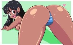 Rule 34 | absurdres, ass, black eyes, black hair, chi-chi (dragon ball), dark skin, dragon ball, from behind, highres, long hair, looking at viewer, looking back, lying, oil, open mouth, pepipopo, shiny skin, signature, tan, thong, topless, wet