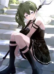 Rule 34 | 1girl, arm strap, bare shoulders, belt, between legs, black belt, black dress, black footwear, black gloves, boots, breasts, choker, closed mouth, double-parted bangs, dress, gloves, green hair, hair between eyes, hand between legs, highres, holding, holding polearm, holding weapon, knees together feet apart, legs, light blush, long hair, looking at viewer, medium breasts, o-ring, o-ring choker, omichi 1219, pleated dress, polearm, purple eyes, side ponytail, simple background, single glove, sitting, sleeveless, sleeveless dress, smile, solo, sousou no frieren, split mouth, stairs, stone stairs, ubel (sousou no frieren), weapon