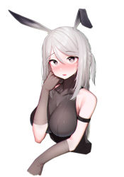 Rule 34 | 1girl, absurdres, animal ears, arknights, arm strap, beudelb, black shirt, blush, breasts, collarbone, cropped torso, gloves, grey eyes, grey gloves, grey hair, hair between eyes, heart, heart-shaped pupils, highres, large breasts, long hair, looking at viewer, open mouth, rabbit ears, rabbit girl, savage (arknights), shirt, simple background, sleeveless, sleeveless shirt, solo, sweat, symbol-shaped pupils, upper body, white background