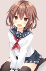 Rule 34 | 10s, 1girl, anchor symbol, black thighhighs, blue skirt, blush, brown eyes, brown hair, fang, hair between eyes, hair ornament, hairclip, ikazuchi (kancolle), kantai collection, komomo (ptkrx), long sleeves, looking at viewer, neckerchief, open mouth, pleated skirt, red neckerchief, school uniform, seiza, serafuku, short hair, simple background, sitting, skirt, smile, solo, thighhighs, v arms, zettai ryouiki