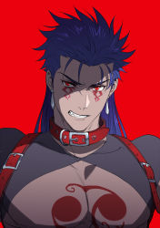Rule 34 | 1boy, angry, bare pectorals, blue hair, bodypaint, closed mouth, collar, cu chulainn (fate), cu chulainn (fate) (all), cu chulainn (fate/stay night), cu chulainn alter (fate), cu chulainn alter (fate/grand order), dark blue hair, dark persona, earrings, eilinna, facepaint, fang, fate/grand order, fate (series), hair down, highres, jewelry, lancer, large pectorals, long hair, male focus, pectorals, red background, red eyes, shrug (clothing), simple background, slit pupils, solo, spiked hair