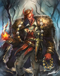 Rule 34 | 1boy, beard, black jacket, cape, colored skin, contrapposto, dagger, demon boy, demon horns, dress shirt, evil smile, facial hair, fantasy, fire, fireball, forest, grey pants, highres, horns, jacket, jewelry, knife, madowl, magic: the gathering, male focus, nature, necklace, pants, pointy ears, red horns, red skin, red vest, sheath, sheathed, shirt, short hair, signature, smile, tibalt, treasure, vest, weapon, white shirt, winter, yellow eyes