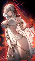 Rule 34 | 1girl, bare shoulders, breasts, closed mouth, colored skin, durga (fate), fate/grand order, fate (series), genyaky, hair ornament, hair ribbon, highres, jewelry, large breasts, long hair, looking at viewer, multicolored skin, red eyes, red ribbon, red skin, ribbon, ring, signature, snake, solo, thighs, white hair