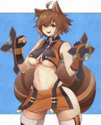 Rule 34 | 1girl, ahoge, animal ears, bare shoulders, black gloves, blazblue, breasts, brown hair, commentary request, cowboy shot, fingerless gloves, gloves, hair between eyes, highres, large breasts, looking at viewer, makoto nanaya, microskirt, navel, open mouth, revealing clothes, short hair, skirt, smile, solo, squirrel ears, squirrel girl, squirrel tail, standing, tail, thighhighs, thighs, underboob, v-shaped eyebrows, weapon, wide hips, yonaga san