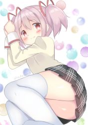 Rule 34 | 1girl, absurdres, arms up, artist name, black skirt, blush, closed mouth, commentary request, hachusan111, hair ribbon, highres, juliet sleeves, kaname madoka, knees up, long sleeves, looking at viewer, lying, mahou shoujo madoka magica, mahou shoujo madoka magica (anime), mitakihara school uniform, on side, pink hair, plaid, plaid skirt, pleated skirt, puffy sleeves, red eyes, red ribbon, ribbon, school uniform, short hair, short twintails, skirt, smile, solo, thighhighs, twintails, white thighhighs, zettai ryouiki