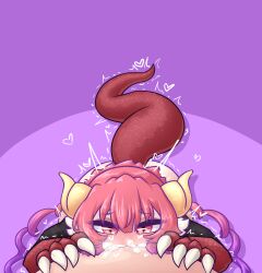 Rule 34 | 1boy, 1girl, absurdres, ass, black cape, blush, cape, claws, cum, cum in mouth, curled horns, deepthroat, dragon tail, drill hair, fellatio, gradient hair, hetero, highres, horns, ilulu (maidragon), kobayashi-san chi no maidragon, limebreaker, looking at viewer, low twintails, monster girl, multicolored hair, oral, penis, pink hair, pov, purple background, purple hair, red eyes, slit pupils, tail, twin drills, twintails, two-tone background, two-tone hair, uncensored