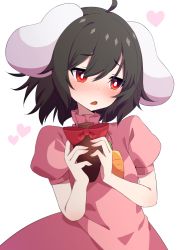 Rule 34 | 1girl, ahoge, animal ears, black hair, blush, bright pupils, chocolate, contrapposto, dress, embarrassed, food, heart, highres, holding, holding chocolate, holding food, inaba tewi, leaning to the side, looking down, looking to the side, open mouth, pink dress, puffy short sleeves, puffy sleeves, rabbit ears, red eyes, short hair, short sleeves, simple background, solo, standing, touhou, tsukimirin, upper body, valentine, white background, white pupils