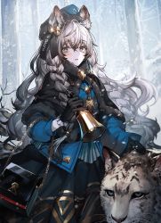 Rule 34 | 1girl, animal ear fluff, animal ears, arknights, bag, bare tree, bell, black capelet, black gloves, black hair, black skirt, blue coat, blue hat, blush, braid, breath, capelet, coat, cold, cowboy shot, earrings, eyelashes, fur-trimmed capelet, fur trim, gloves, grey eyes, hair between eyes, hair ribbon, handbag, hat, highres, jewelry, lentain, leopard ears, leopard tail, long hair, long skirt, looking at viewer, multicolored hair, necklace, official alternate costume, open mouth, outdoors, pramanix (arknights), pramanix (caster&#039;s frost) (arknights), ribbon, side braids, silver hair, single earring, skirt, snow, snow leopard, snowing, solo, standing, tail, tassel, tassel earrings, tree, twin braids, two-tone hair, very long hair