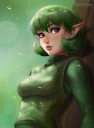 Rule 34 | 1girl, against tree, breasts, dandon fuga, eyelashes, green hair, green hairband, hairband, kokiri, lips, md5 mismatch, nintendo, nose, pointy ears, purple eyes, ribbed sweater, saria (zelda), short hair, small breasts, solo, sweater, the legend of zelda, the legend of zelda: ocarina of time, tree, turtleneck
