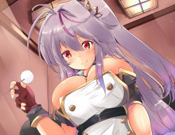 Rule 34 | 1girl, azur lane, bare shoulders, blush, breasts, buttons, cleavage, commentary request, double-breasted, fingerless gloves, gloves, grenville (azur lane), hair between eyes, indoors, large breasts, long hair, looking at viewer, mimikaki, multicolored hair, one side up, pov, purple hair, red eyes, short sleeves, smile, solo, streaked hair, tonchinkan, very long hair