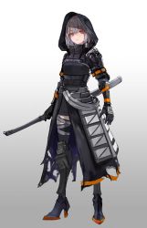 Rule 34 | 1girl, absurdres, armor, armored skirt, artist request, black gloves, black skirt, black thighhighs, commentary request, full body, gloves, high heels, highres, hood, looking at viewer, original, red eyes, sheath, sheathed, shin guards, short hair, shoulder armor, silver hair, simple background, skirt, solo, sword, thighhighs, torn clothes, vambraces, weapon