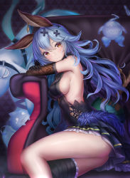 Rule 34 | 1girl, animal ears, ass, backless dress, backless outfit, bare shoulders, black gloves, blue dress, blue hair, blush, boots, breasts, commentary request, curly hair, dress, earrings, elbow gloves, erune, ferry (granblue fantasy), ghost, gloves, granblue fantasy, hair between eyes, hair ornament, hairclip, highres, indoors, jewelry, long hair, looking at viewer, medium breasts, mizuya nao, sideboob, single earring, single thigh boot, sitting, smile, thigh boots, thighhighs, thighs, upskirt, very long hair, x hair ornament, yellow eyes