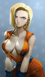 Rule 34 | 1girl, alternate costume, android 18, bald, bare arms, bare shoulders, blonde hair, blue eyes, breasts, breasts apart, cleavage, collarbone, contrapposto, cowboy shot, dougi, dragon ball, dragonball z, earrings, elite nappa, facing viewer, highres, jewelry, karate gi, kuririn, medium breasts, naughty face, no nose, solo, standing, tagme