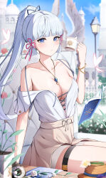 Rule 34 | 1girl, absurdres, alternate costume, ayaka (genshin impact), bare shoulders, blue eyes, blue sky, blunt bangs, book, bracelet, breasts, cleavage, commentary request, cup, day, flower, genshin impact, hair ribbon, hand up, highres, holding, holding cup, jewelry, large breasts, long hair, miniskirt, mug, pendant, pink ribbon, ponytail, ribbon, rose, shirt, short sleeves, sidelocks, sitting, skirt, sky, solo, thigh strap, thighs, very long hair, white flower, white hair, white rose, white shirt, yeni1871