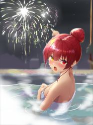 Rule 34 | 1girl, :o, bare shoulders, bathing, blush, breasts, fireworks, hair bun, heterochromia, highres, hololive, houshou marine, long hair, looking at viewer, medium breasts, naked towel, night, nyaa28, open mouth, pointing, red eyes, red hair, single hair bun, solo, towel, virtual youtuber, wet, yellow eyes