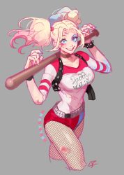 Rule 34 | 1girl, baseball bat, batman (series), belt, blonde hair, blue eyes, bracelet, character name, choker, colored tips, dc comics, dccu, fishnets, gun, harley quinn, holster, jewelry, lipstick, makeup, multicolored hair, nail polish, shorts, shoulder holster, simple background, solo, spiked bracelet, spikes, stariver00, studded belt, suicide squad, teeth, twintails, weapon