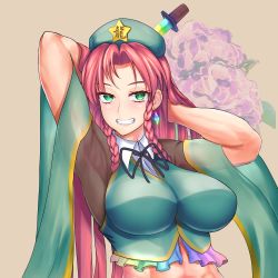 Rule 34 | 1girl, armpits, arms up, beret, braid, breasts, chinese clothes, detached sleeves, earrings, green eyes, green vest, hat, hat ornament, highres, hong meiling, jewelry, knife, large breasts, puck100ml, red hair, side braid, star (symbol), star hat ornament, touhou, twin braids, unconnected marketeers, vest