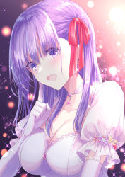 Rule 34 | 1girl, breasts, choker, cleavage, commentary request, dress, elbow gloves, fate/stay night, fate (series), gloves, hair ribbon, hand up, highres, index finger raised, looking at viewer, matou sakura, open mouth, puffy short sleeves, puffy sleeves, purple eyes, purple hair, red ribbon, ribbon, shiohari kanna, short sleeves, smile, solo, sparkle, upper body, white choker, white dress, white gloves