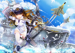 Rule 34 | 10s, 1girl, aiming, aircraft, aircraft carrier, airplane, arrow (projectile), bird, bow, bow (weapon), brown eyes, brown hair, cloud, day, dutch angle, epaulettes, female focus, fighter jet, fourragere, fusai, hat, jet, kantai collection, looking to the side, military, military uniform, military vehicle, miniskirt, ocean, original, outdoors, parted lips, quiver, ship, skirt, sky, solo, standing, thighhighs, uniform, warship, water, watercraft, weapon, white thighhighs