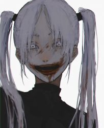 Rule 34 | 1girl, akuta vi, black shirt, blood, blood in mouth, blood on face, colored eyelashes, grin, hair strand, highres, looking at viewer, original, shirt, smile, solo, turtleneck, twintails, white background, white eyes, white hair
