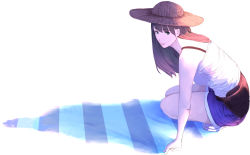 Rule 34 | 1girl, bad id, bad pixiv id, bare shoulders, belt, belt pouch, blue shorts, bra, breasts, brown hair, chikushi nitouhei, closed mouth, from side, full body, green eyes, hat, highres, light smile, long hair, looking at viewer, medium breasts, original, pink lips, pouch, see-through, shirt, shoes, short shorts, shorts, sleeveless, smile, solo, spaghetti strap, squatting, straw hat, sun hat, underwear, white footwear, white shirt