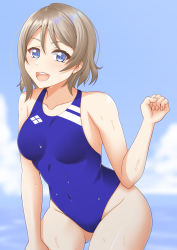 Rule 34 | beach, blue eyes, blue one-piece swimsuit, blue sky, breasts, cloud, collarbone, competition school swimsuit, competition swimsuit, covered navel, cowboy shot, day, from side, grey hair, hair between eyes, hand on own thigh, highres, horizon, looking at viewer, love live!, love live! sunshine!!, medium breasts, ocean, one-piece swimsuit, open mouth, outdoors, parted bangs, sano souichi, school swimsuit, short hair, sky, smile, solo, swimsuit, thighs, watanabe you, water, wet, wet clothes, wet swimsuit, wide hips