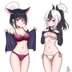 Rule 34 | 2girls, absurdres, animal ears, black hair, black jacket, blue archive, blush, bra, breasts, cat ears, collarbone, colored inner hair, commentary, cowboy shot, demon horns, english commentary, gluteal fold, groin, highres, horns, jacket, kayoko (blue archive), kazusa (blue archive), large breasts, long hair, long sleeves, multicolored hair, multiple girls, navel, open clothes, open jacket, panties, parted lips, pink hair, ponytail, purple bra, purple panties, red eyes, rylaera, short hair, signature, simple background, underwear, white background, white bra, white hair, white panties