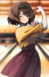 Rule 34 | 1girl, ;), batcheam816, black hairband, blurry, blurry background, blush, bob cut, bowling alley, brown hair, clenched hand, fingernails, hairband, highres, idolmaster, idolmaster cinderella girls, looking at viewer, nagatomi hasumi, one eye closed, red skirt, shirt, shirt tucked in, skirt, smile, solo, we can do it!, yellow shirt