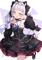 Rule 34 | 1girl, :d, animal ear fluff, animal ears, black choker, black dress, black footwear, black ribbon, blunt bangs, blush, cat ears, cat girl, cat tail, choker, commentary request, criss-cross halter, detached sleeves, dress, frilled choker, frilled ribbon, frills, gothic lolita, green eyes, hair ribbon, halter dress, halterneck, hand up, highres, hololive, layered dress, lolita fashion, long hair, long sleeves, looking at viewer, multicolored eyes, murasaki shion, murasaki shion (gothic lolita), open mouth, red eyes, ribbon, shoes, short eyebrows, silver hair, simple background, smile, solo, standing, standing on one leg, tail, tail ornament, tail ribbon, triangle, twintails, v, v over eye, very long hair, virtual youtuber, wide sleeves, yuano