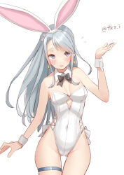 Rule 34 | 1girl, animal ears, bare shoulders, blush, breasts, cleavage, covered navel, detached collar, grey hair, highres, kantai collection, leotard, long hair, looking at viewer, open mouth, playboy bunny, purple eyes, rabbit ears, rabbit tail, sagiri (kancolle), simple background, small breasts, solo, strapless, strapless leotard, tail, tetsukuzu (yajirushi shita), twitter username, white leotard