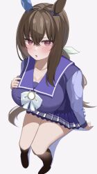 Rule 34 | 1girl, absurdres, admire vega (umamusume), animal ears, bow, breasts, brown hair, cleavage, commentary request, ear covers, hair between eyes, hand on own chest, highres, horse ears, horse girl, horse tail, large breasts, long hair, long sleeves, looking at viewer, low ponytail, nanami haru, ponytail, purple shirt, red eyes, sailor collar, school uniform, shirt, single ear cover, sitting, skirt, solo, tail, tracen school uniform, umamusume, white bow