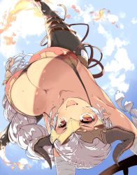 Rule 34 | 1girl, :d, aliza (granblue fantasy), arm wrap, armpits, braid, breasts, cleavage, draph, fire, forehead protector, from below, granblue fantasy, handstand, highres, horns, kyuu (plastic night q), large breasts, long hair, open mouth, pants, pointy ears, red eyes, silver hair, single braid, sky, smile, solo, sweat, thigh strap, upside-down, v-shaped eyebrows, very long hair