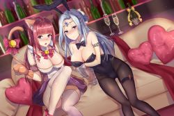 Rule 34 | 2girls, :o, alcohol, animal ears, animal hands, bare shoulders, bell, black bow, black legwear, blue eyes, blunt bangs, blush, bottle, bow, breasts, cat ears, cat girl, cat paws, cat tail, cleavage, commentary request, copyright request, couch, dress, fake animal ears, grey hair, heart, heart-shaped pillow, large breasts, leotard, looking at viewer, multiple girls, navel, pantyhose, pillow, playboy bunny, rabbit ears, red bow, red eyes, red hair, sitting, tail, tail bell, tail bow, tail ornament, thighhighs, white hair, white legwear, zhi zhi/zu zu