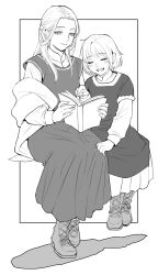 Rule 34 | 2girls, aged down, black border, book, boots, border, child, chinese commentary, closed eyes, commentary request, dress, dungeon meshi, elf, falin touden, falin touden (tallman), greyscale, hand up, hands up, highres, holding, holding book, invisible chair, jacket, jacket partially removed, long hair, long sleeves, marcille donato, monochrome, multiple girls, open mouth, outside border, pointing, pointy ears, reading, shadow, short hair, simple background, sitting, smile, white background, yakifalin