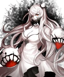 Rule 34 | 1girl, abyssal ship, bad id, bad pixiv id, breasts, cleavage, colored skin, covered mouth, dress, highres, horns, kantai collection, kibellin, large breasts, long hair, looking at viewer, midway princess, pale skin, red eyes, solo, very long hair, white dress, white hair, white skin